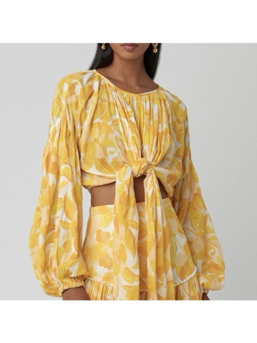 Significant Other Yellow Floral Long Sleeve Cropped Blouse Tie Front Top Size 2